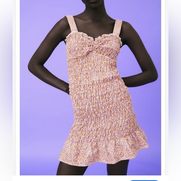 Zara Elasticized Floral Dress Ruched Medium Spring Feminine Vacation Clemson - Picture 2 of 8